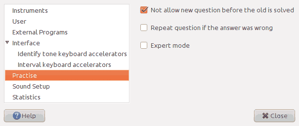 Screenshot of the 'Practise' page of the preferences window.