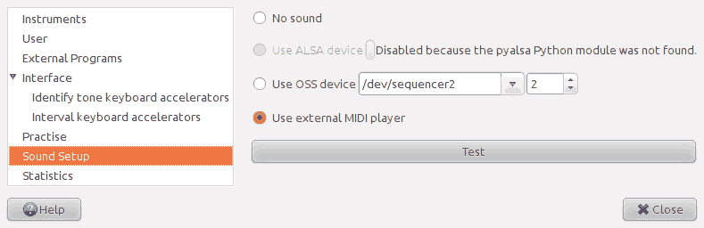 Screenshot of the 'Sound setup' page of the preferences window.