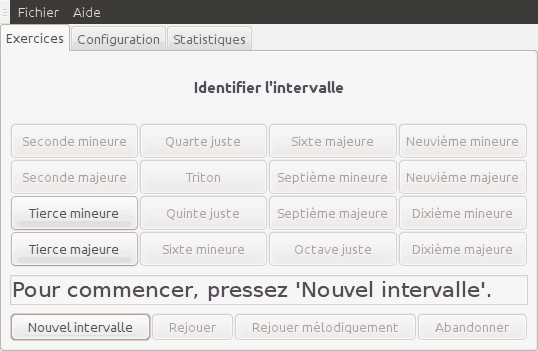 Copies d'écran du logiciel montrant l'exercice sur les intervalles avec l'interface à boutons.