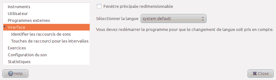 Copie d'écran de la page 'Interface' de la fenêtre des préférences.