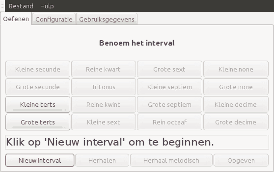 Schermafdruk van het programma tijdens het oefenen van intervallen gebruikmakend van de knoppeninterface.