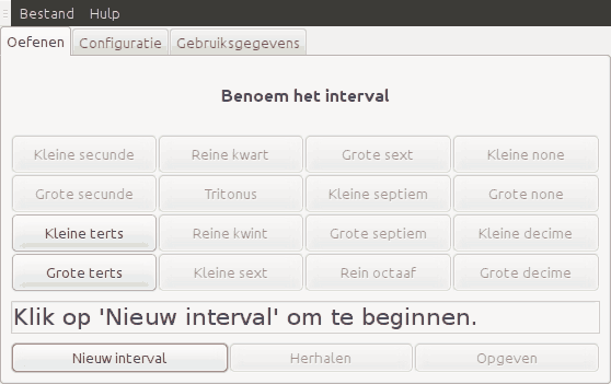 Schermafdruk van het programma tijdens het oefenen van intervallen gebruikmakend van de knoppeninterface.