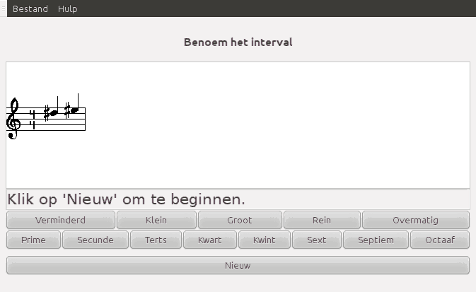 Schermafdruk van het programma tijdens het oefenen van intervallen gebruikmakend van de knoppeninterface.