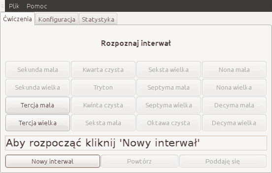 Zrzut ekranu programu do ćwiczeń interwałowych rozpoznawanych przy użyciu przycisków.