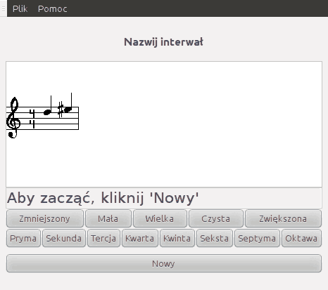 Zrzut ekranu programu do ćwiczeń interwałowych rozpoznawanych przy użyciu przycisków.