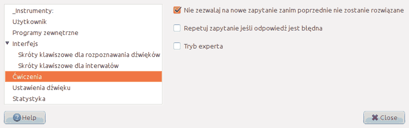 Zrzut ekranu zakładki 'Ćwiczenia' w oknie Ustawień.