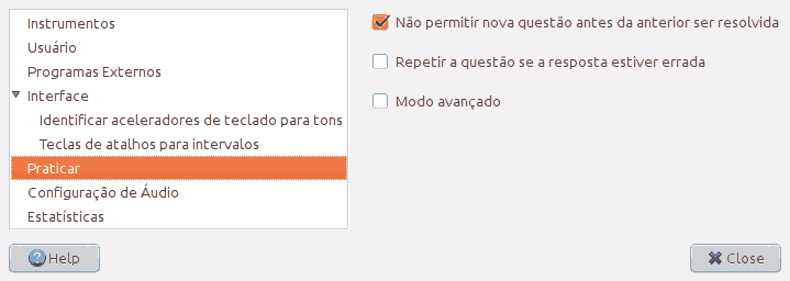 Tela da página 'Praticar' da janela de preferências.